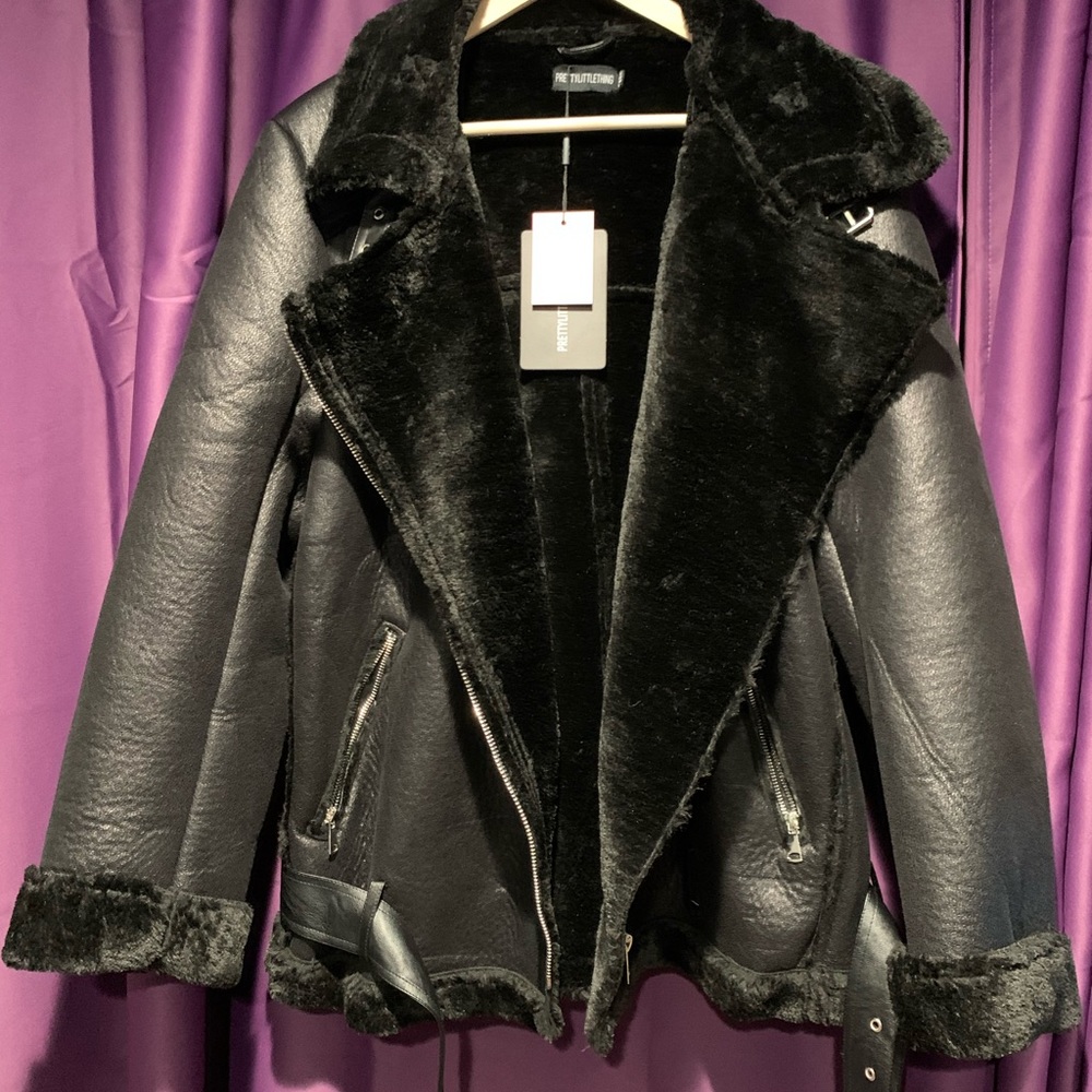 BNWT Pretty Little Thing Aviator Faux Fur Black Leather Jacket US Size 8